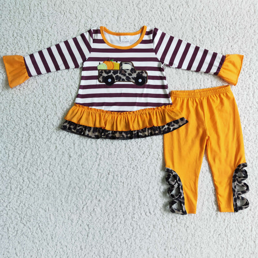 0708 RTS embroidery leopard pumpkin car stripe long sleeve orange ruffle pants girl outfit Halloween