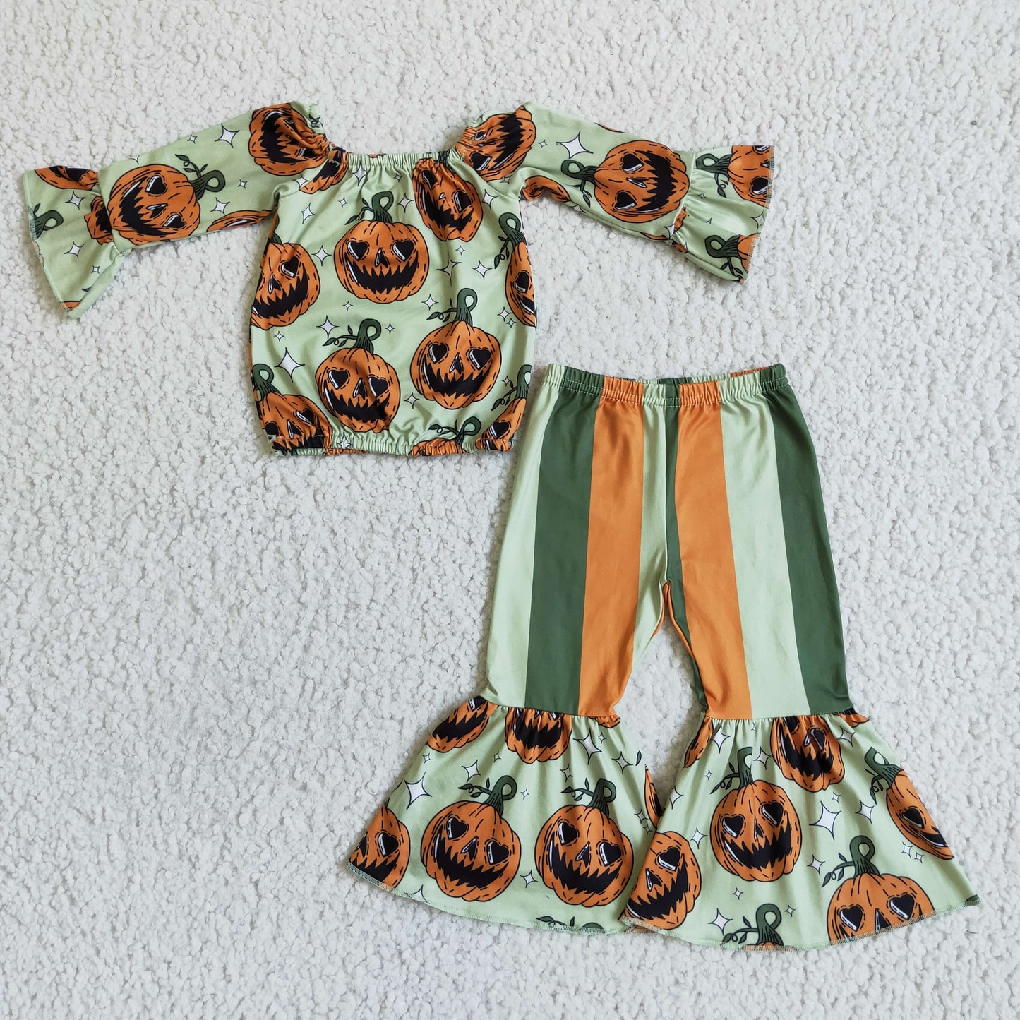 202410 Promotion  GLP0023 RTS halloween off shoulder orange green pumpkin bell pants girl outfit 20230511