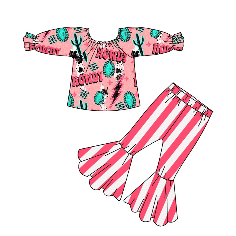 preorder pink western cactus gem off shoulder long sleeve stripe pants girl outfit 0606