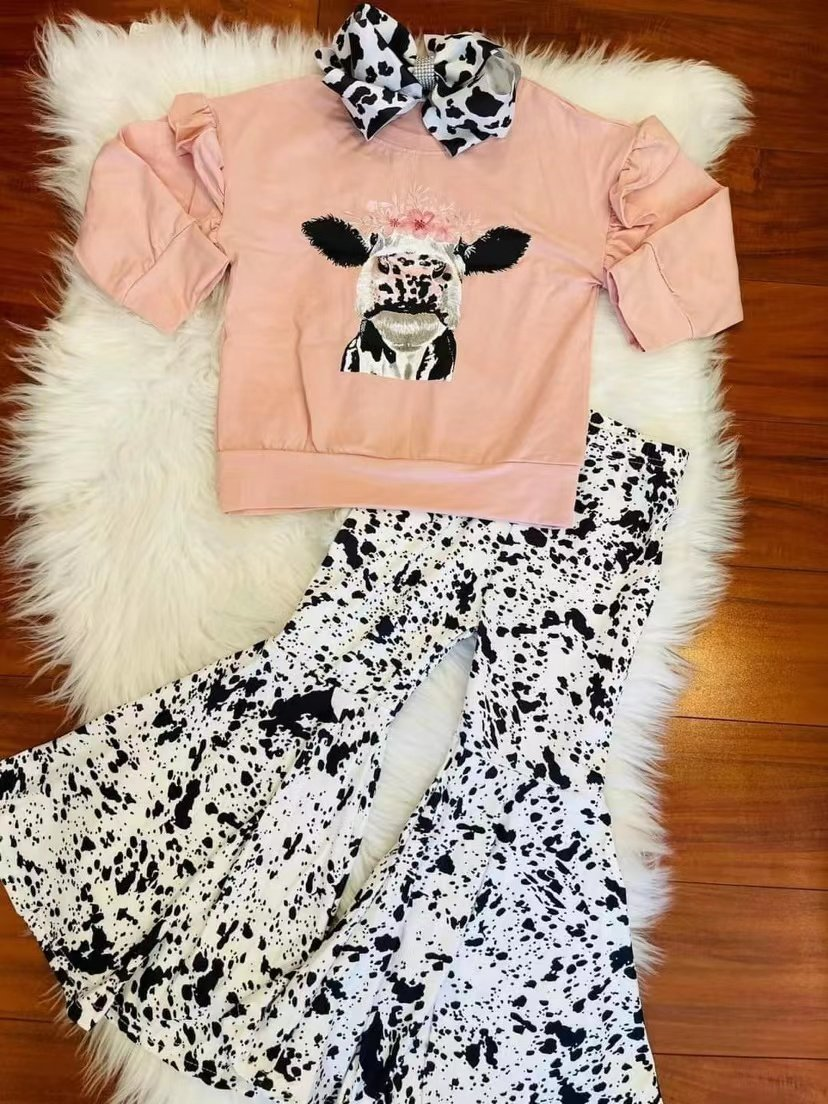 RTS 0628 pink long sleeve top cow floral white black leopard bell pants girl outfit