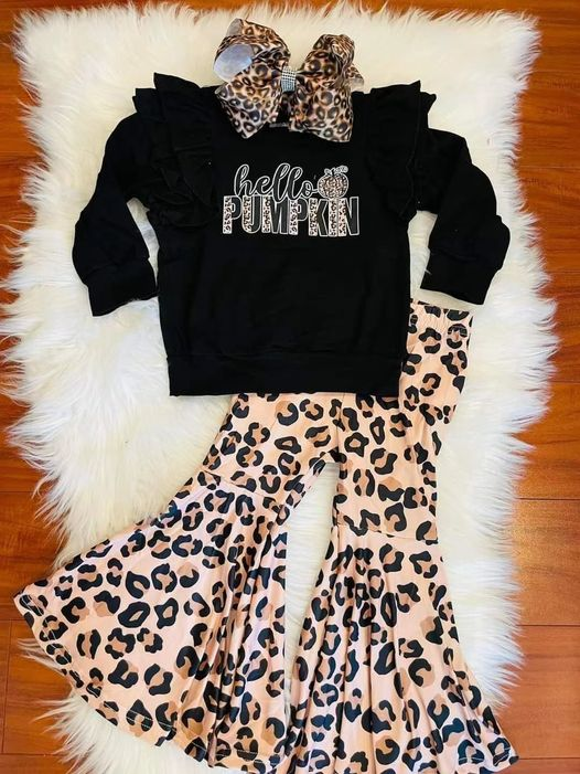 RTS 0713  long sleeve black top pumpkin halloween leopard pants girl outfit