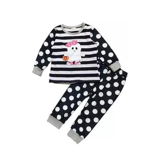 preorder white black stripe halloween pink bow pumpkin  white dots boy outfit 0616