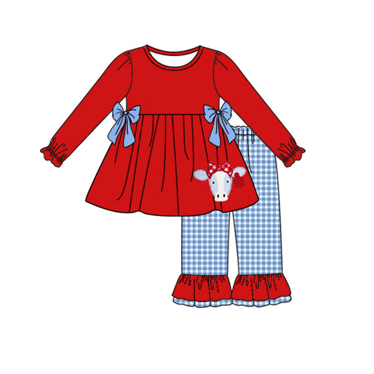 preorder cow red blue plaid long sleeve pants girls outfits 0617