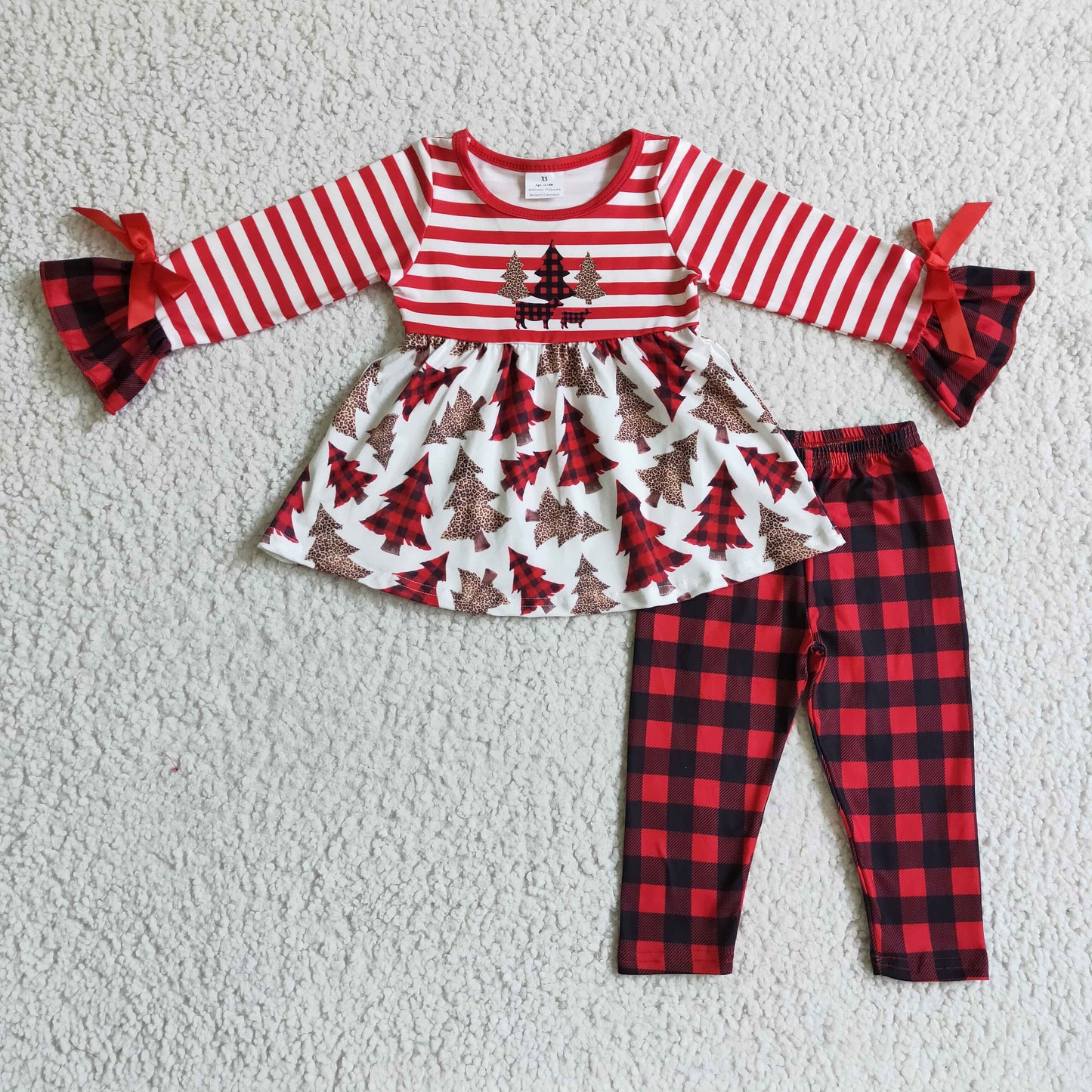 GLP0084 christmas tree stripe ruffles long sleeve red plaid pants girl outfit RTS 20230606 RTS