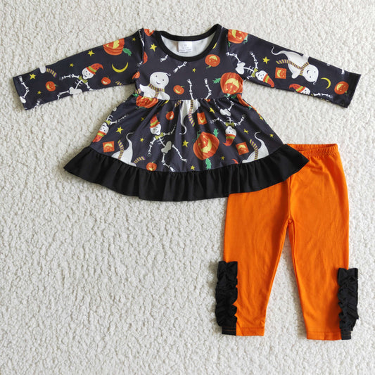 halloween ghost black orange pumpkin long sleeve cartoon long sleeve girl outfit 0919 RTS