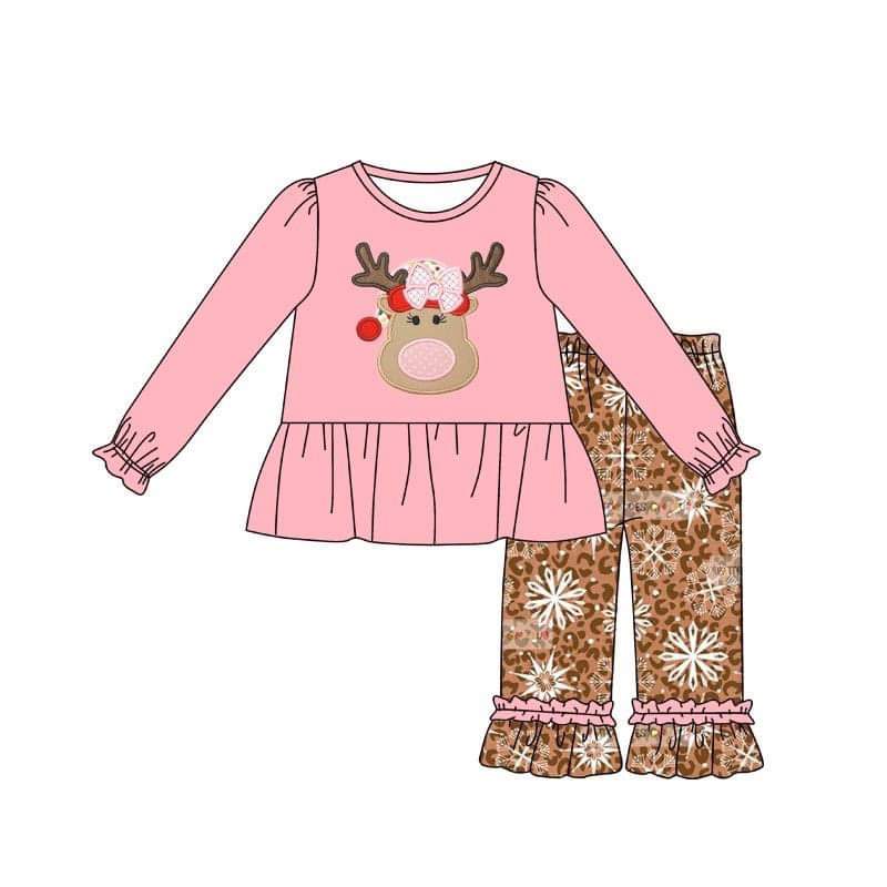 preorder pink long sleeve cartoon deer Christmas long snow brown bell bottom pants girl outfit 0709