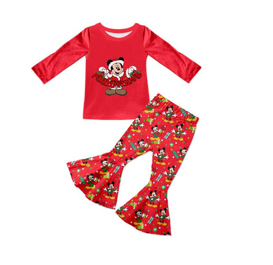 preorder 0711 red christmas cartoom mouse long sleeve long bell bottom pants girl outfit