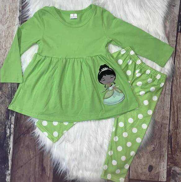 preorder green princess long sleeve white dots girl pajamas outfit 0714