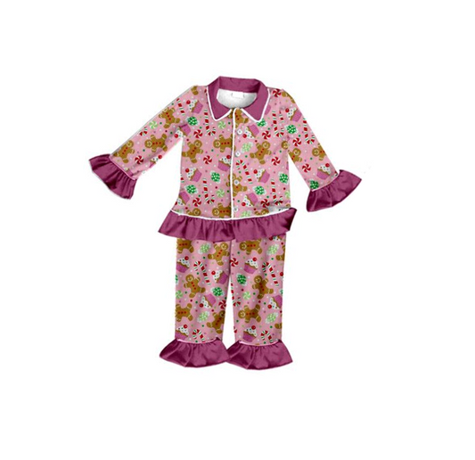 preorder merry Christmas purple ginger chookie candy long sleeve girl pajamas outfit 0714