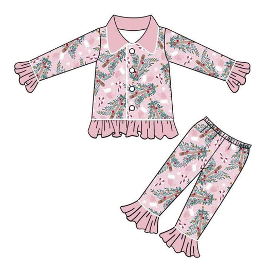 Preorder pink long Christmas tree long sleeve long pants baby girl pajamas outfit 0714