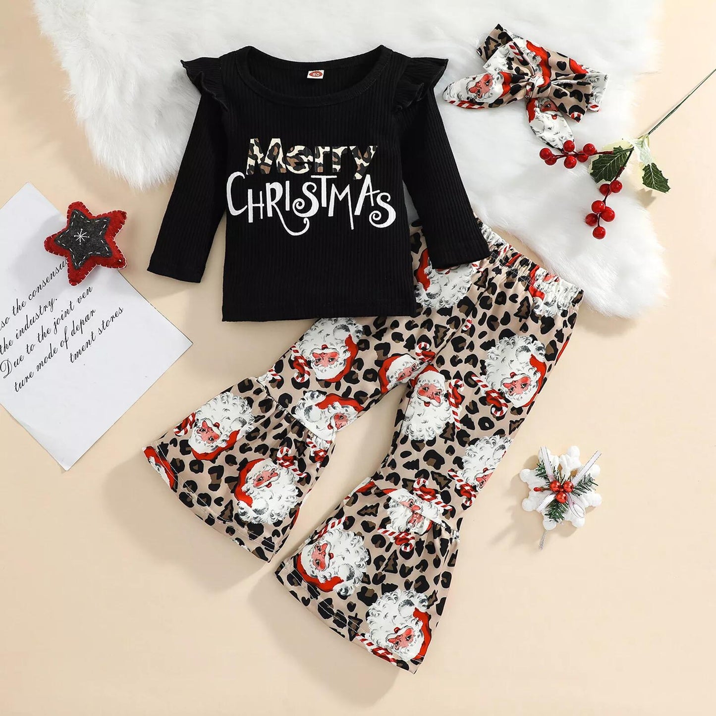 GLP0150 RTS Merry Christmas Santa girl black long sleeve top leopard bell bottom pants girl outfit 20230527 RTS