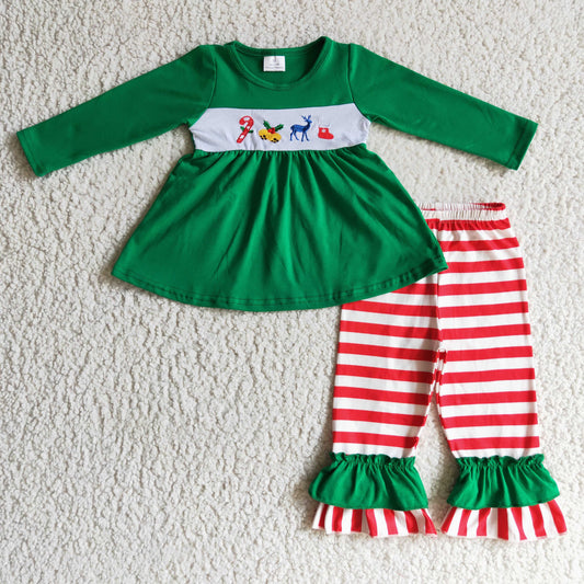 RTS 0919 deer green long sleeve stripe pants girl outfit clothes Christmas