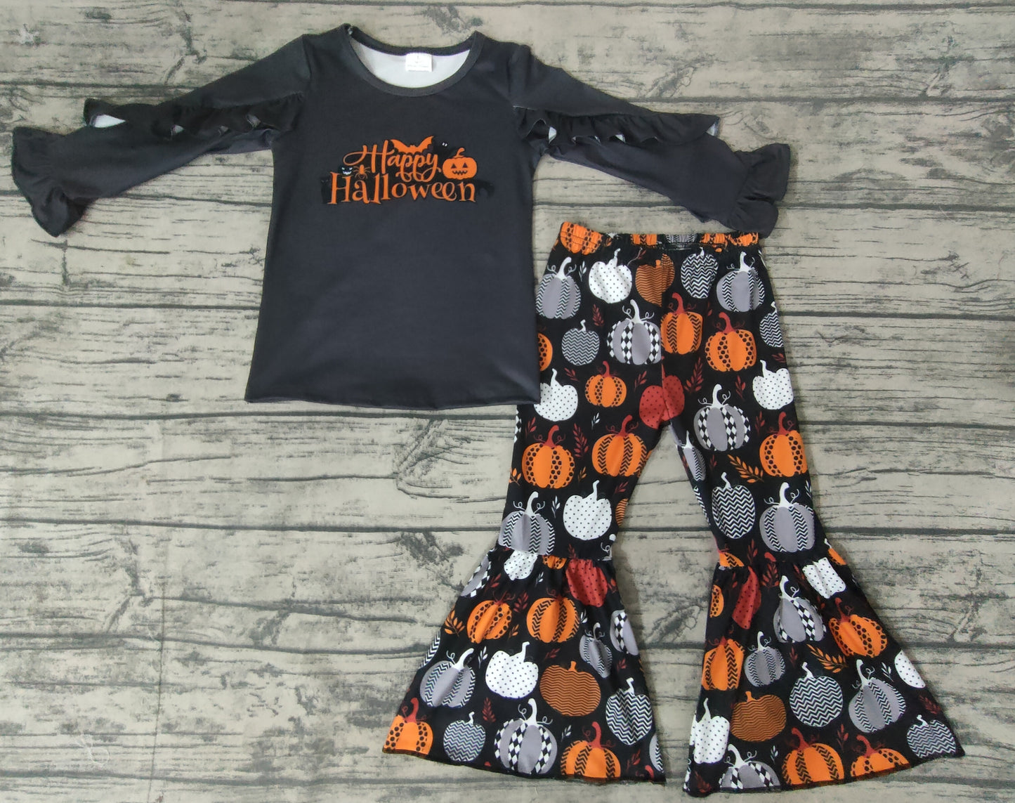 preorder black ruffle long sleeve pumpkin long sleeve hallloween bell bottom pants girl outfit 0728