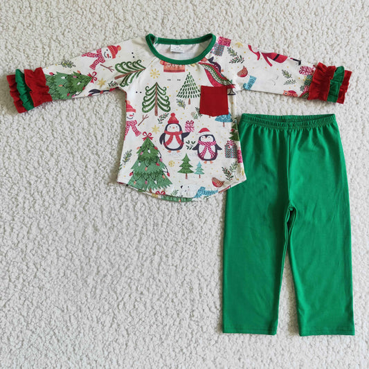 promotion GLP0179 penguin Christmas tree ruffle long sleeve green pants baby girl ruffle outfit RTS 20230527