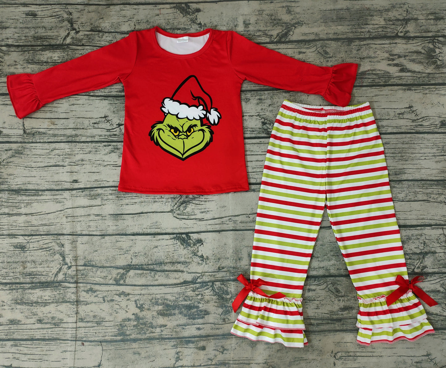 Preorder Christmas long sleeve green cartoon stripe girl outfit 0803