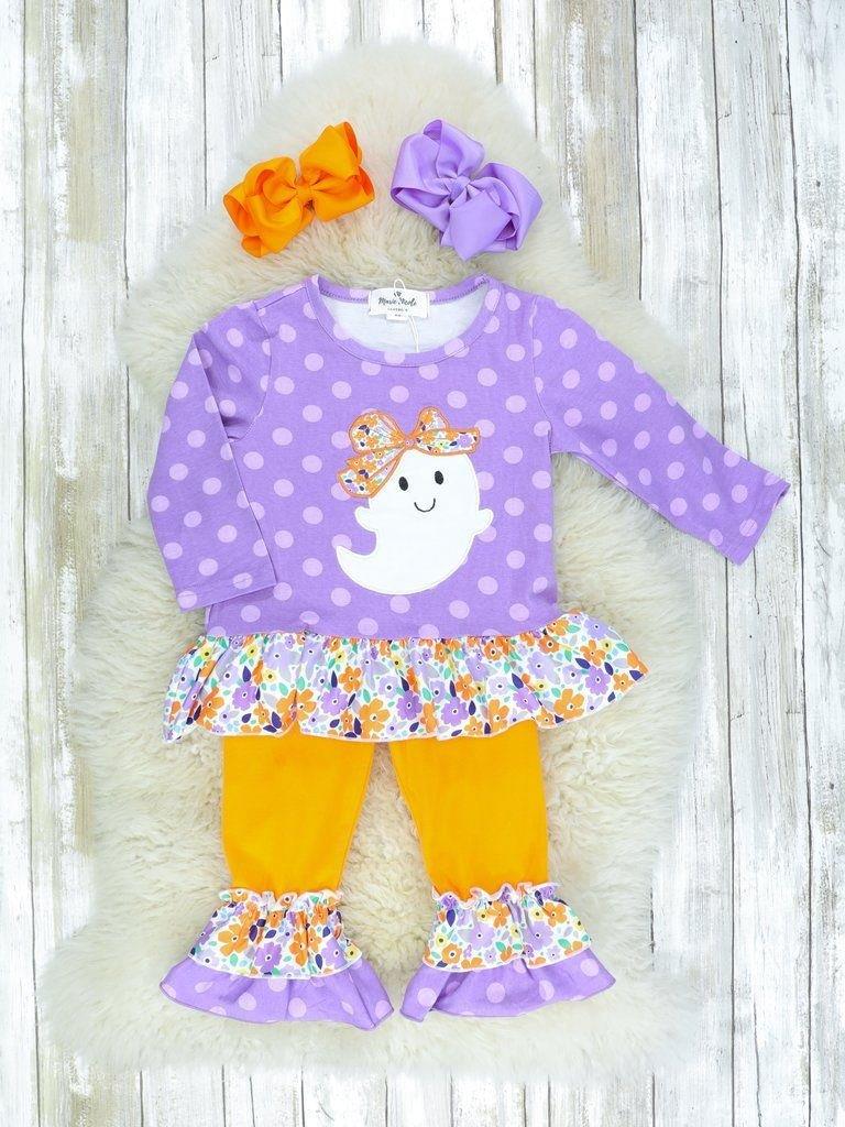 purple dots boo bow cartoon long sleeve girl outfit 0917 RTS