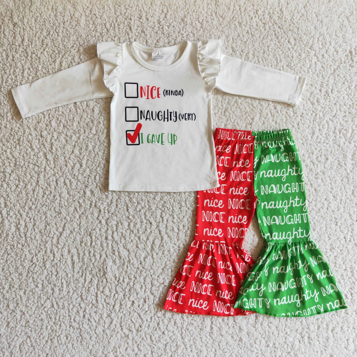 GLP0237 christmas girl outfits long sleeve white top red green bell bottoms pants nice naughty letters RTS 1109