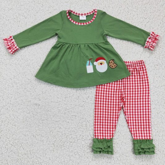 GLP0356 cotton embroidery christmas Santa milk cookie green long sleeve girl outfit pajamas 20230720 RTS