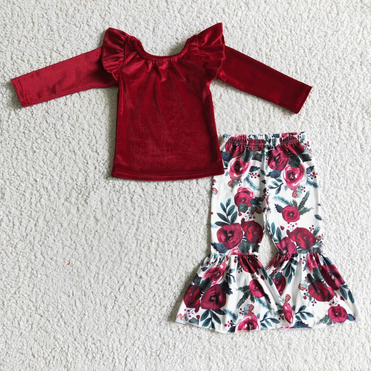 GLP0361 RTS red velvet long sleeve flower girl outfit