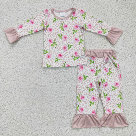 promotion RTS  GLP0367 pink rose flower long sleeve girl pajamas outfit 1209 RTS