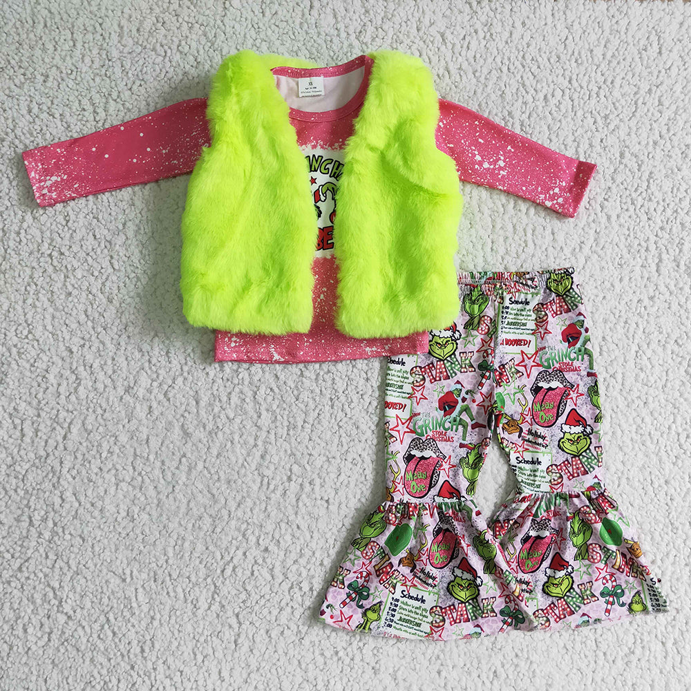 GLP0388 long sleeve cartoon christmas 3pcs vest fur girl outfit