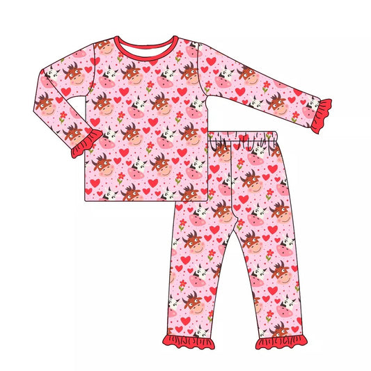 GLP0395 preorder pink long sleeve cow love valentine girl pajamas outfit 1124