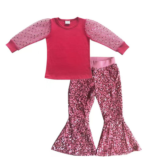 GLP0424 hot pink tulle top short sleeve top pink sequin girl outfit 20230415 RTS