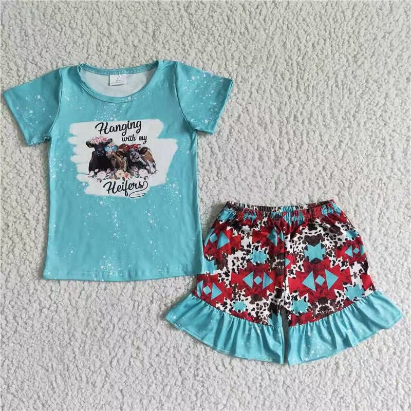 promotion price GSD0046 Blue cow short sleeve shorts girl outfits RTS 1124