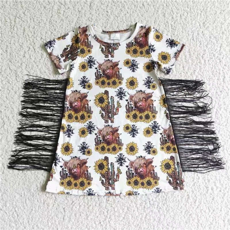 promotion GSD0084 western sunflower yak cactus designs tassel baby girl dress