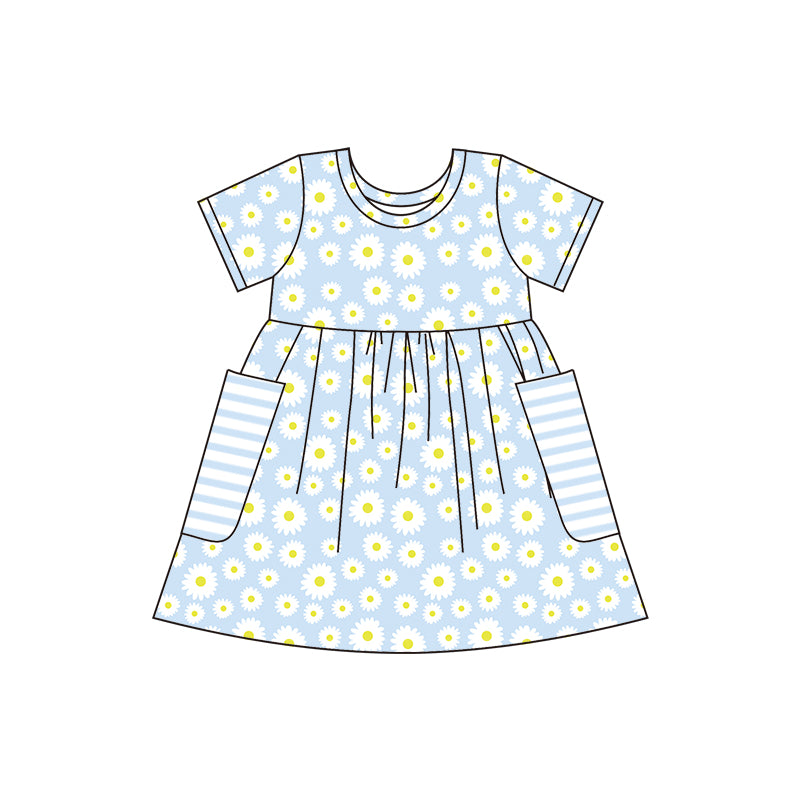 preorder blue sunflower Daisy short sleeves pockets girl dress 0516