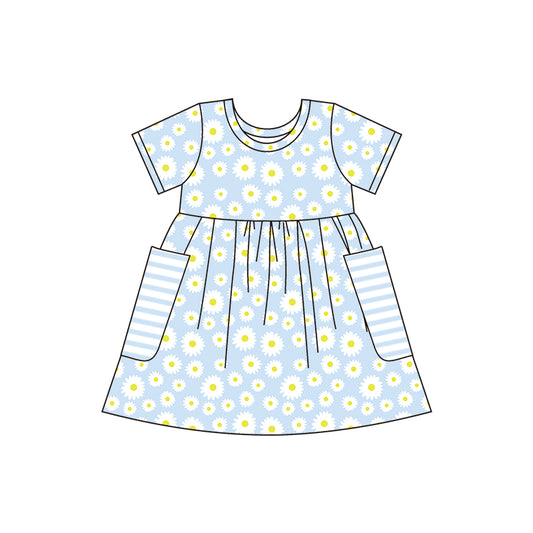 preorder blue sunflower Daisy short sleeves pockets girl dress 0516