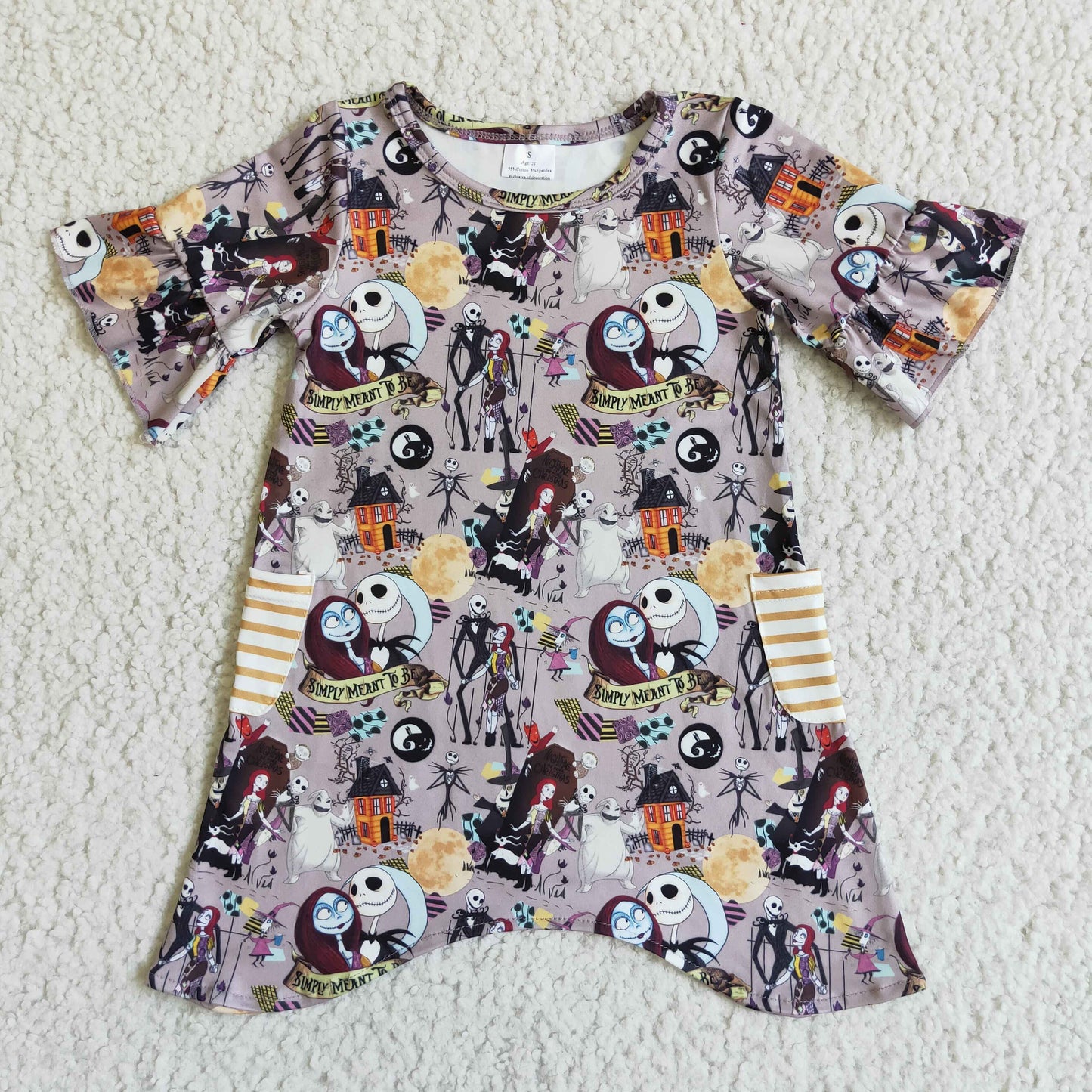 0708 RTS purple cartoon short sleeve halloween girl dress stripe pockets