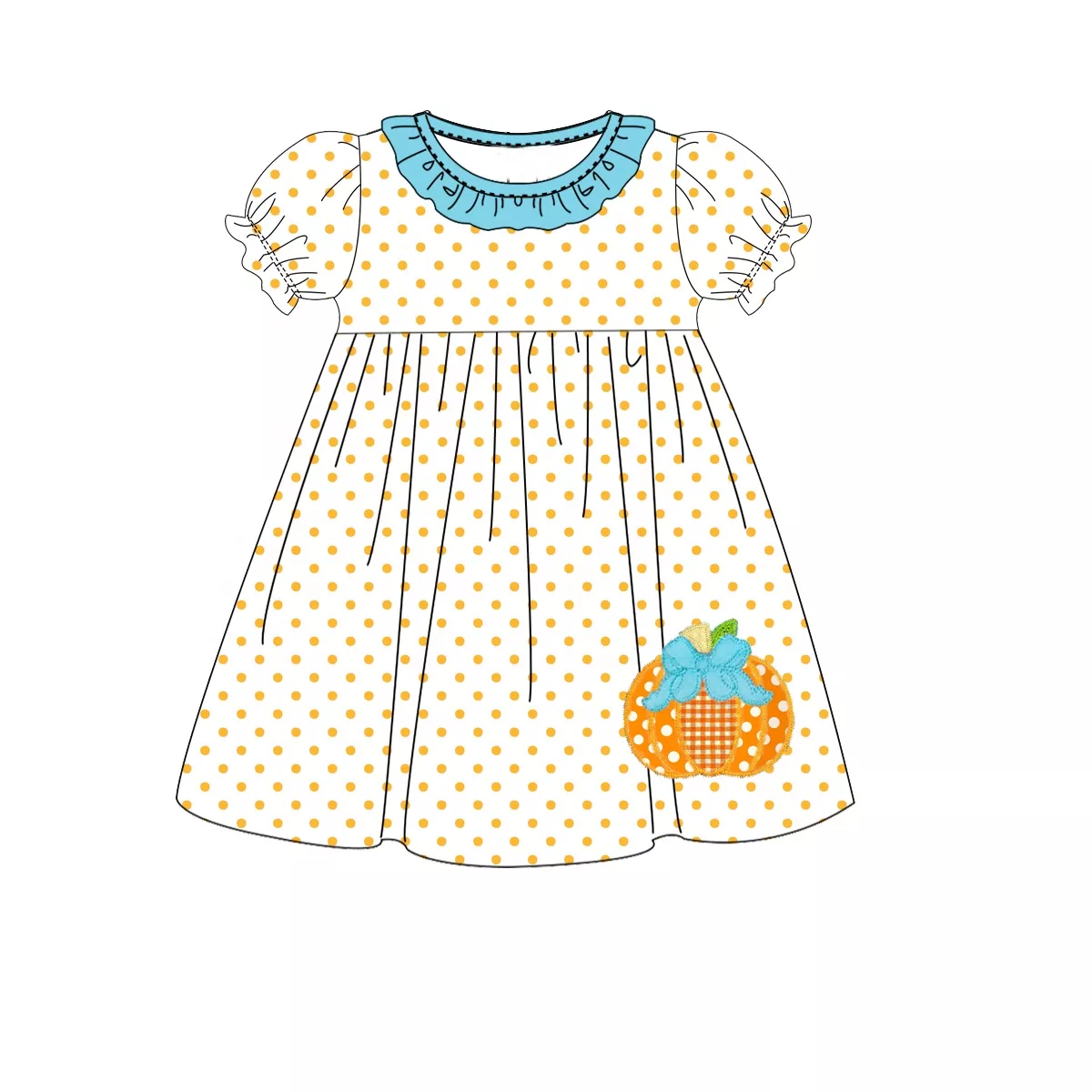 preorder new 0611 blue teal bow puffy sleeve halloween orange pumkin dot girl dress