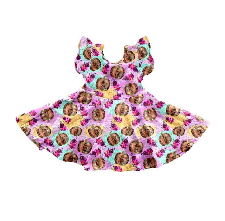 Preorder pumpkin colorful dress puffy sleeve Halloween pumpkin girl dress 0708