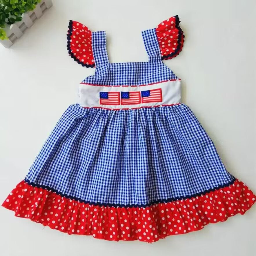 promotion GSD0191 Embroidery 4TH OF JULY American national flag blue red short sleeve girl dress 20230425 RTS