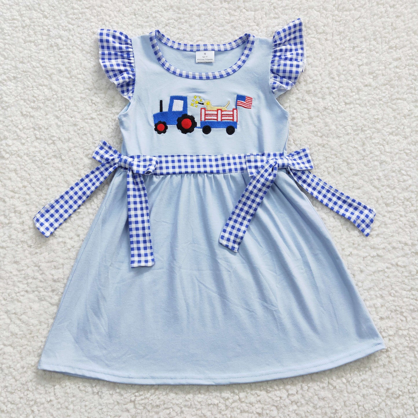 GSD0279 RTS embroidery Baseball tractor American national Day 4th july puffy short sleeve girl dress 20230311