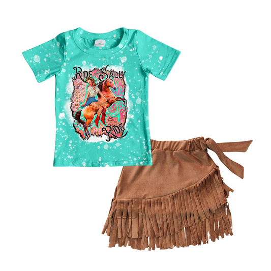 组合GSD0303 RTS western cow rodeo tassel skirt short sleeve  girl summer outfit 20230216