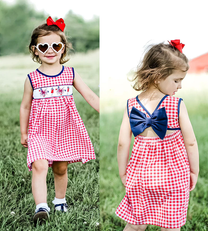 GSD0330 4th of july USA flag bow short sleeve summer girl dress 20230503 RTS