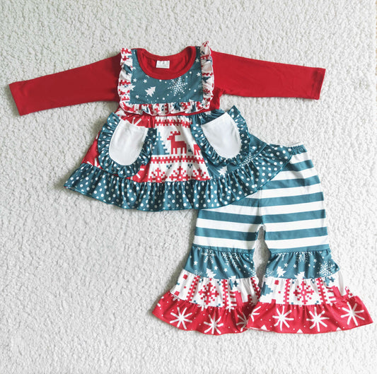 Christmas red pocket stripe long sleeve bell bottom pants girl patchwork outfit 0615 RTS