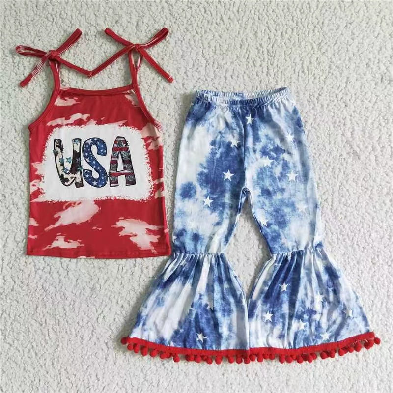 promotion GSPO0068 RTS red sling top USA girl short sleeve blue bleaching pompon bell bottom pant girl outfit 20230320 RTS