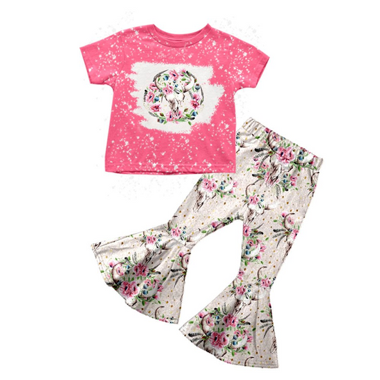 preorder pink flower short sleeve bell pants girl summer clothes outfit 0513