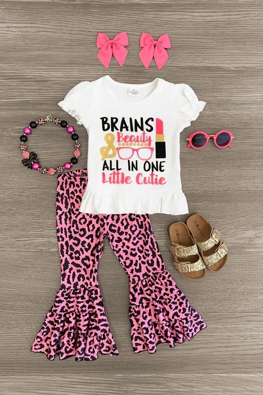 RTS brains beauty lipstick hot pink leopard short sleeves leopard bell bottom pants girl clothes real pic 0615