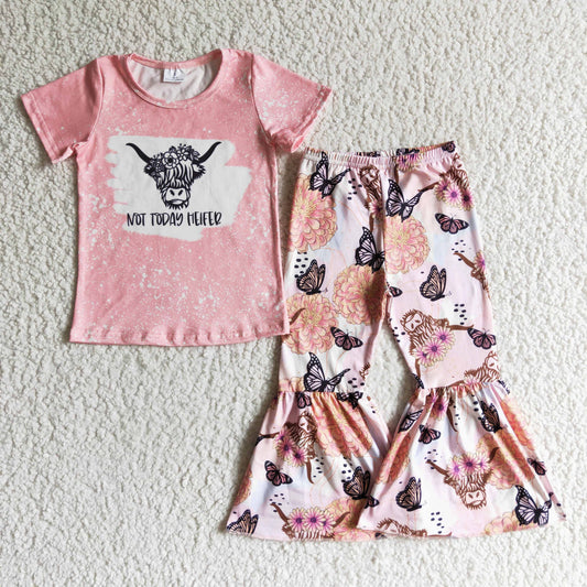 heifer pink short sleeves cow butterfly flower bell bottom girl outfit 0829 RTS