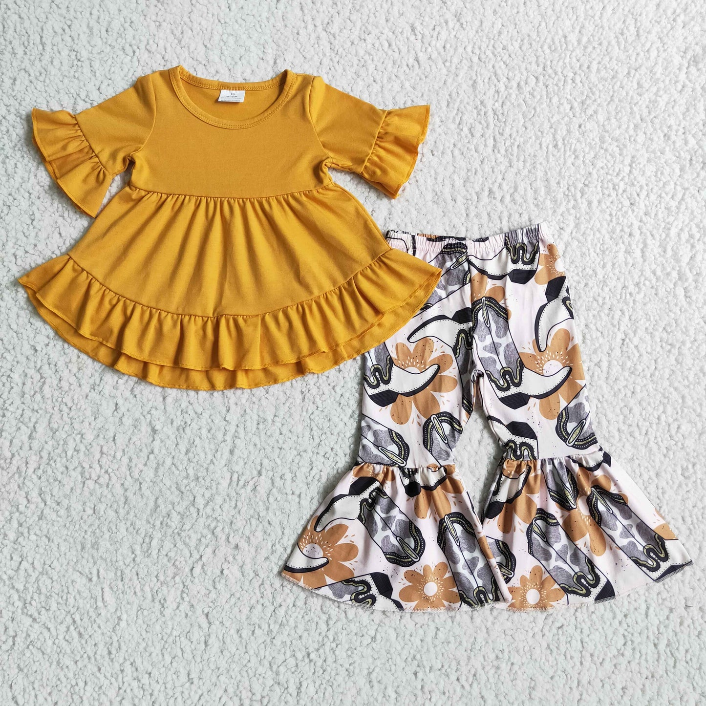 GSPO0104 RTS YeLLOW ruffle short sleeve cow flower bell bottom pants girl outfit 0706 RTS