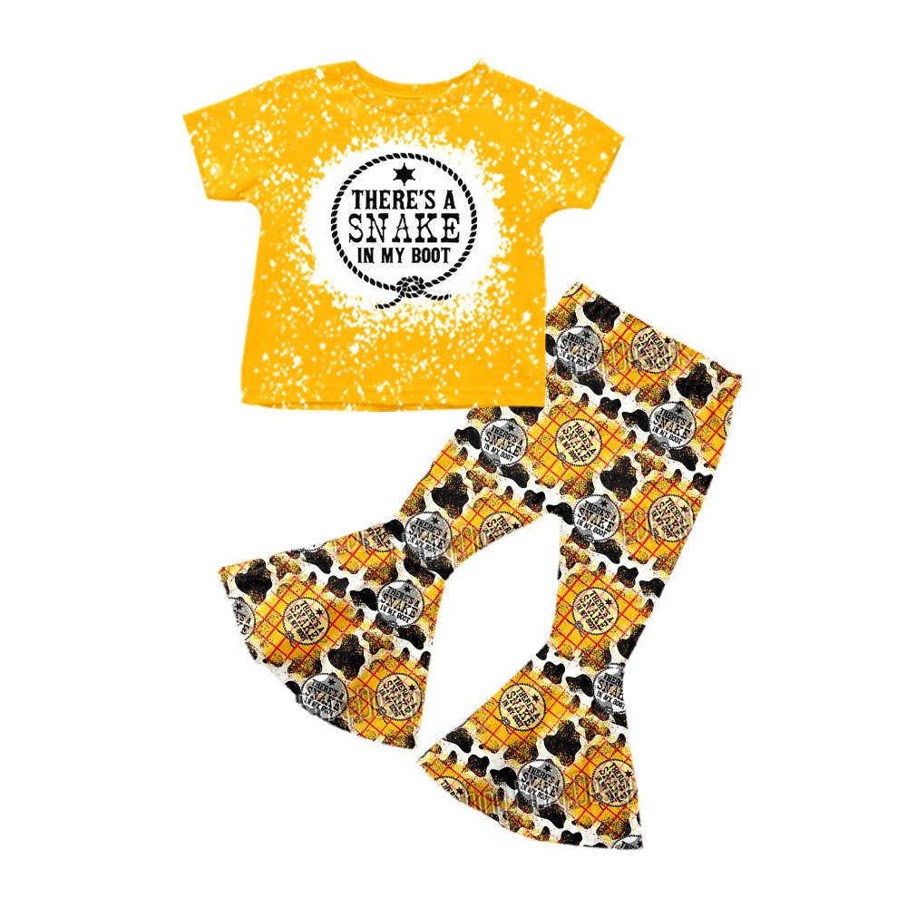 preorder yellow cartoon there is a snake in my boots short sleeve bell botoom pants girl outfit 0606