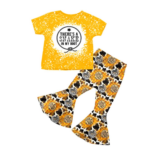 preorder yellow cartoon there is a snake in my boots short sleeve bell botoom pants girl outfit 0606