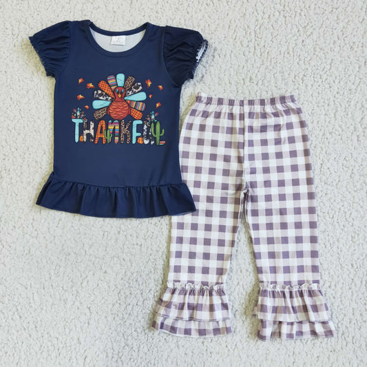 GSPO0120 RTS Thanks giving thankful turkey blue short sleeve purple plaid girl outfit 0708