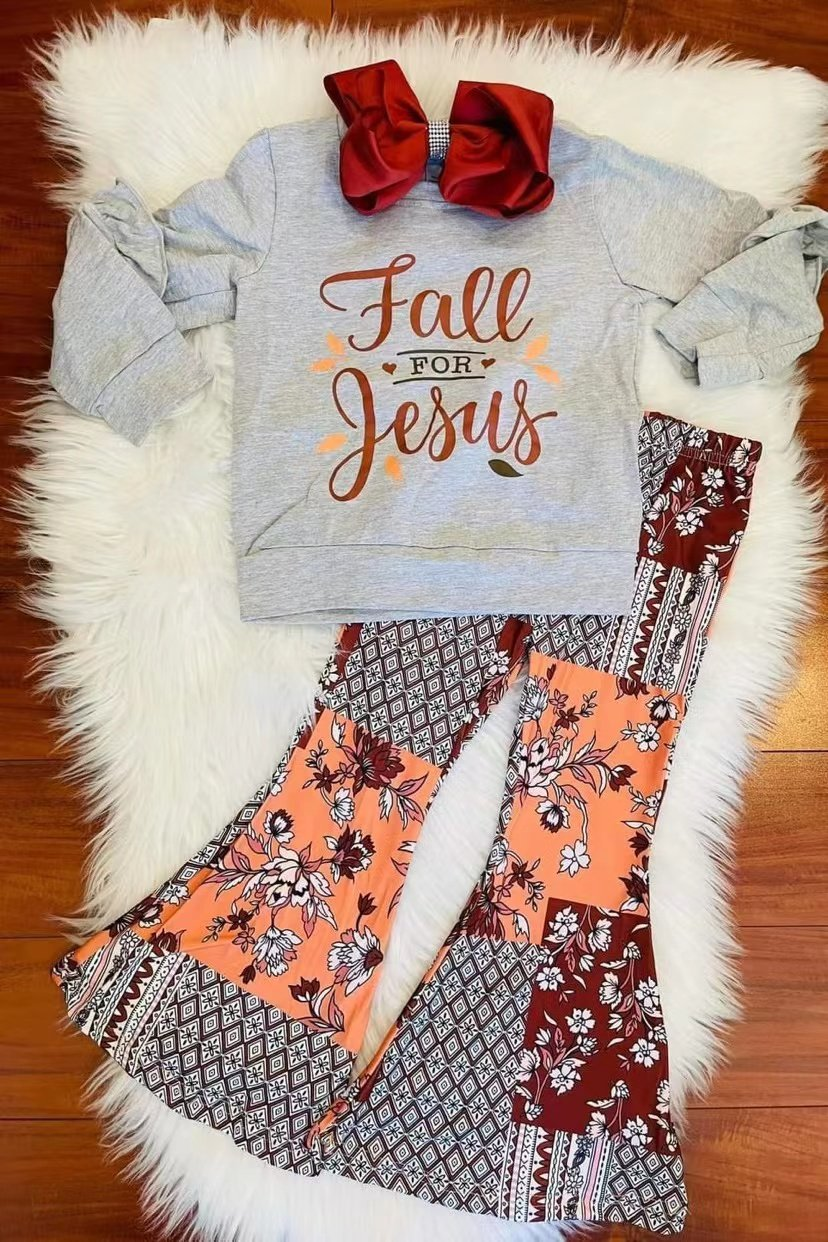 PROMOTION PRICE  GSPO0126 RTS grey long sleeve top fall Jesus orange floral Rhombus Design bell pants girl outfit 20230612 RTS