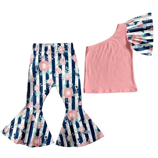 Preorder flare pink  one sleeve floral stripe bell pants girl outfit clothes 0611