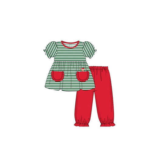 Preorder green stripe pocket short sleeve red pants girl dear elk clothes 0611 Christmas